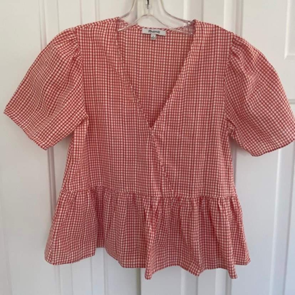 Madewell crossover peplum top red and white